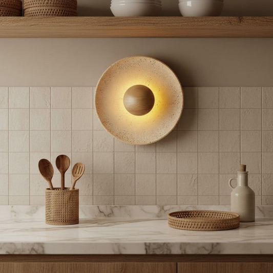 Heliara Round Halo Travertine Stone Wall Light
