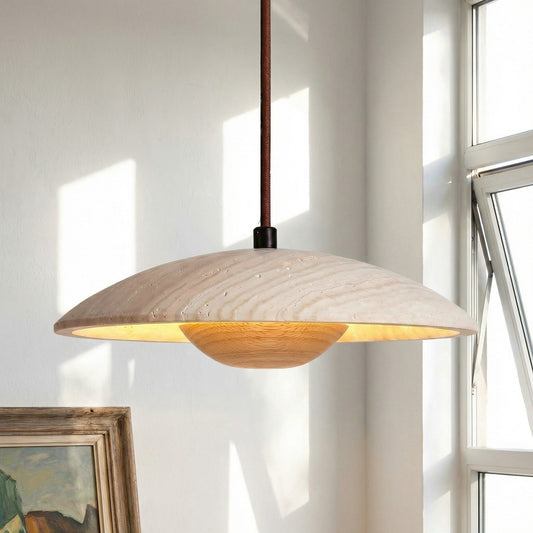 Avenor Modern Travertine Wood Disc Pendant Light