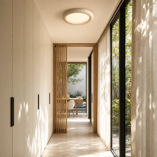 Calder Modern Round Acrylic Travertine Ceiling Light