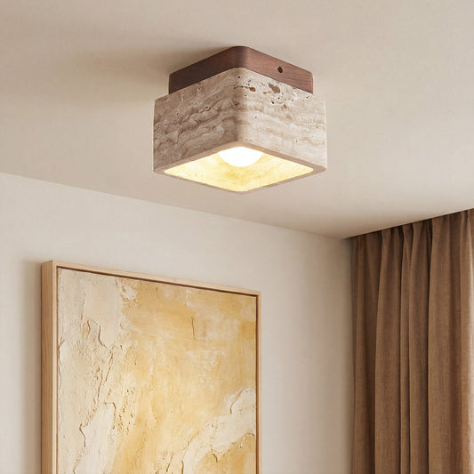 Kairi Square Travertine Stone 1-Light Flush Mount Ceiling Light