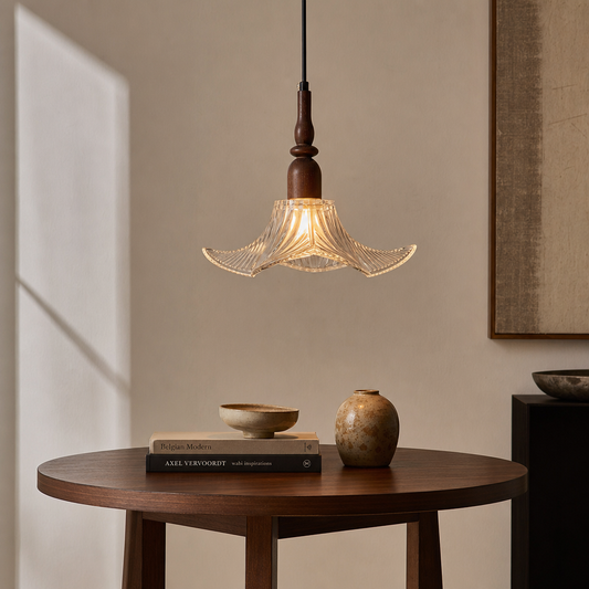 Adikia Modern Wood Artistic Glass Floral Pendant Light