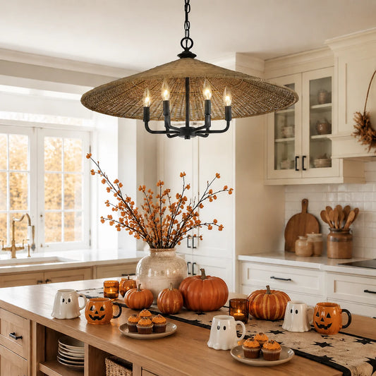 American Country Black 6 Light Rattan Cone Pendant Light