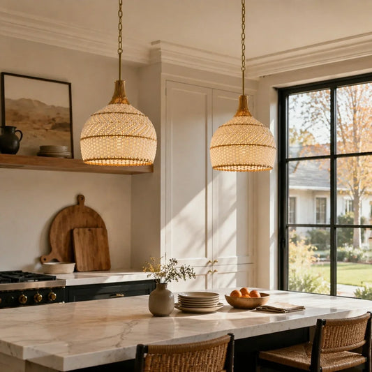 3 Light Rustic Rattan Two Tone Color Dome Pendant Light