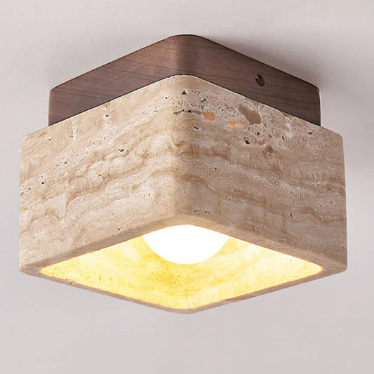 Kairi Square Travertine Stone 1-Light Flush Mount Ceiling Light