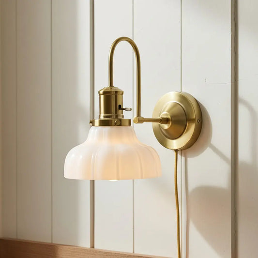Oberon Vintage Milk Glass Curved Brass Wall Light