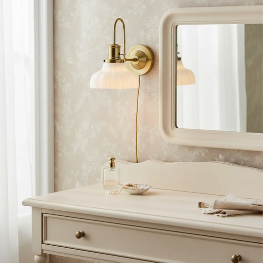 Oberon Vintage Milk Glass Curved Brass Wall Light