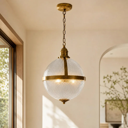 Preston Vintage Brass Ribbed Glass Globe Pendant Light