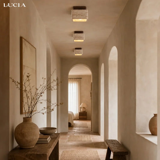 Kairi Square Travertine Stone 1-Light Flush Mount Ceiling Light
