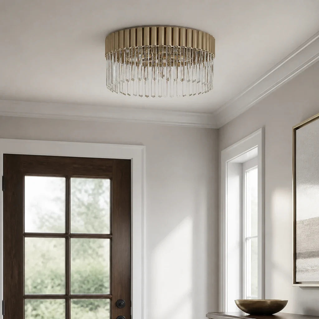 Soline Polished Champagne crystal flush mount light in a bright refined entryway