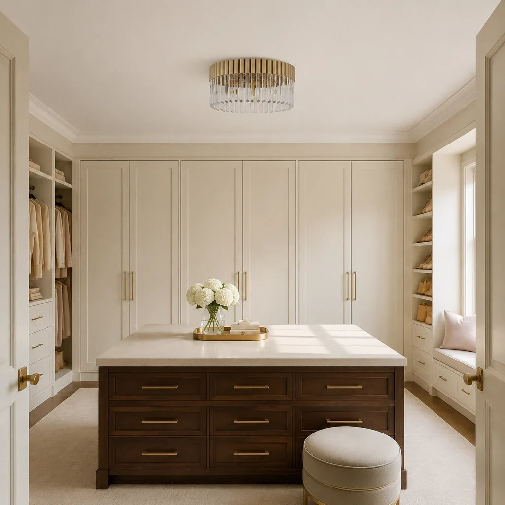 Soline Polished Champagne flush mount at true scale above a dressing island