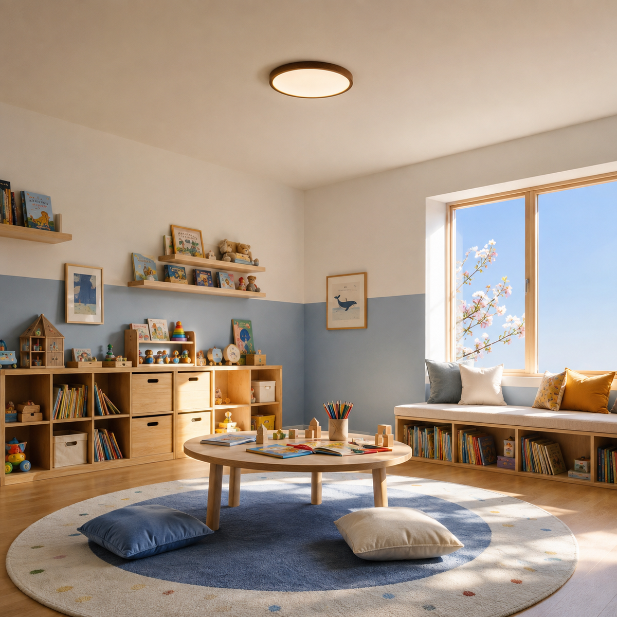 Walnut 11.8-inch Solenne ceiling light in a colorful children's reading room