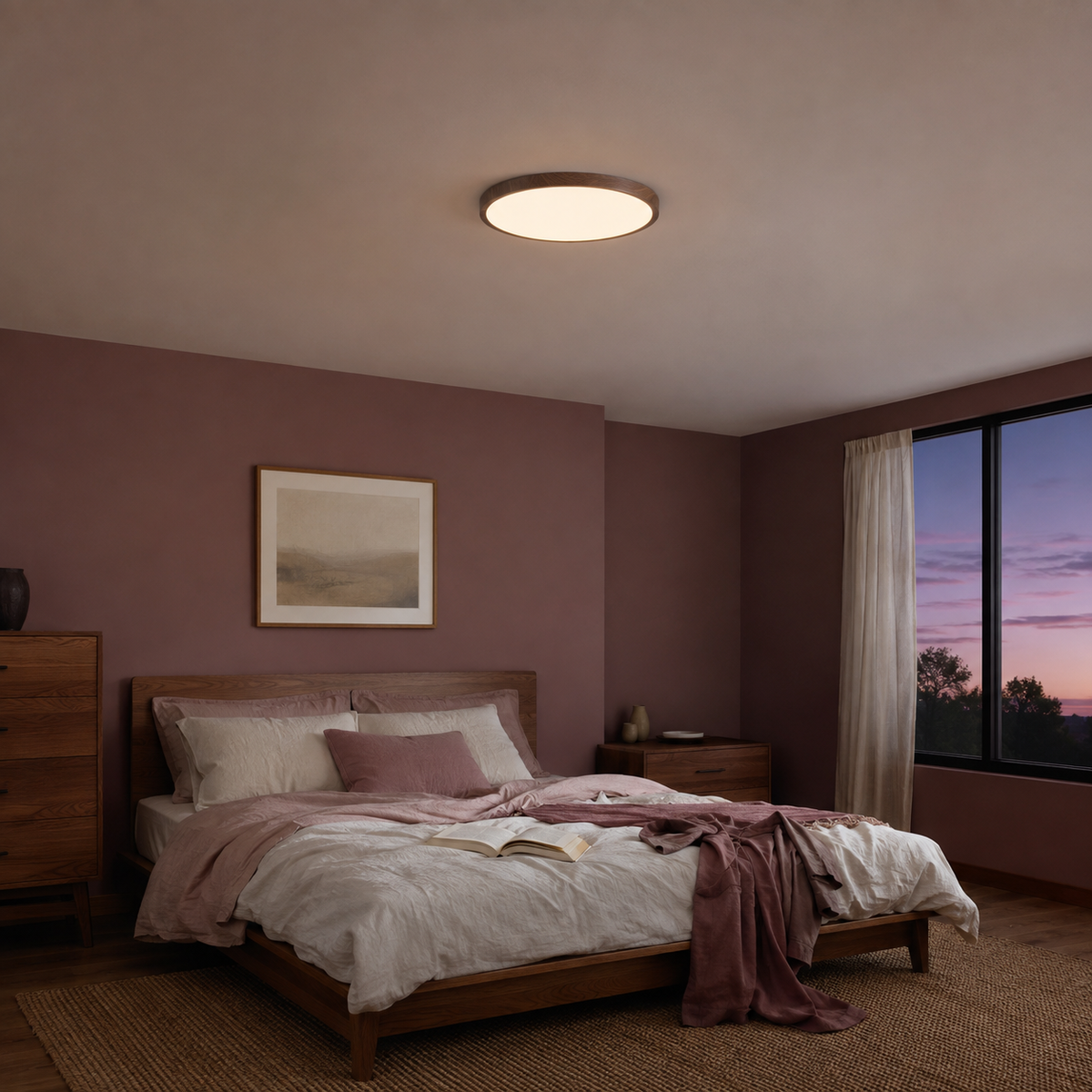 Walnut 15.7-inch Solenne ceiling light centered in a soft mauve bedroom