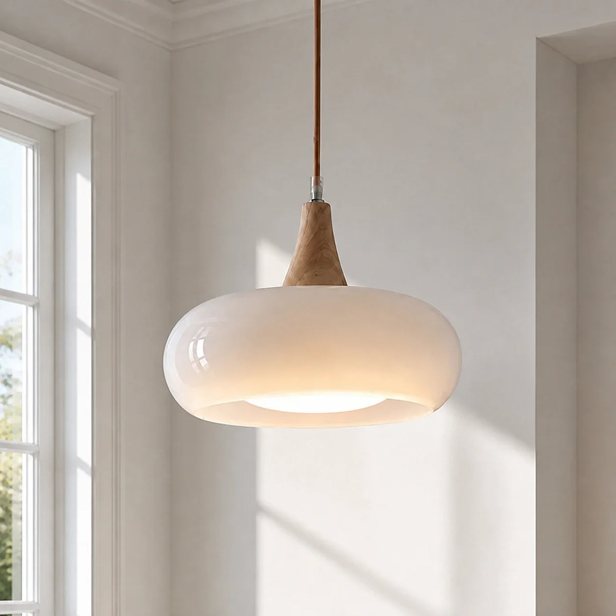 White Marie dome glass pendant close-up in a bright interior