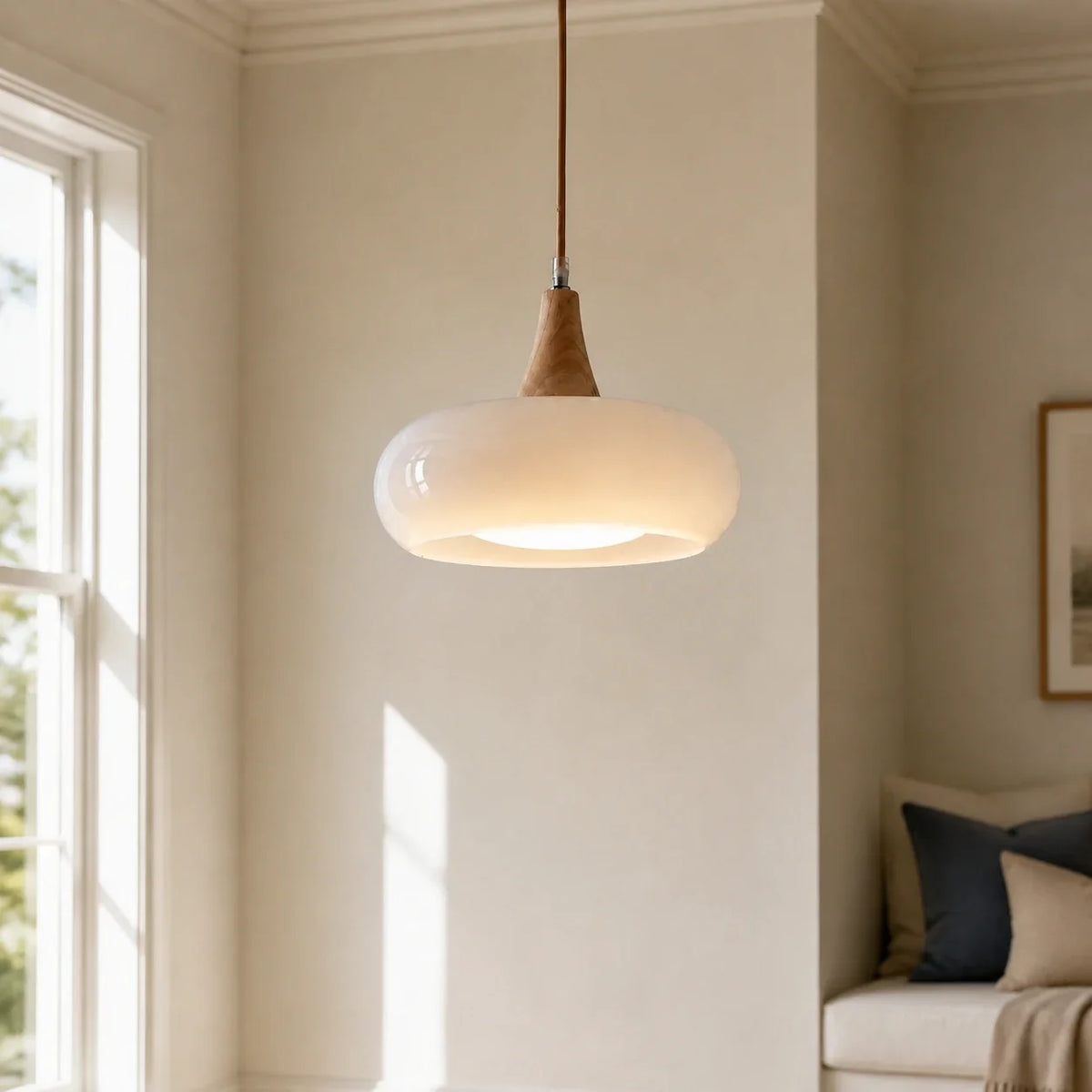 White Marie dome glass pendant in a sunlit living space