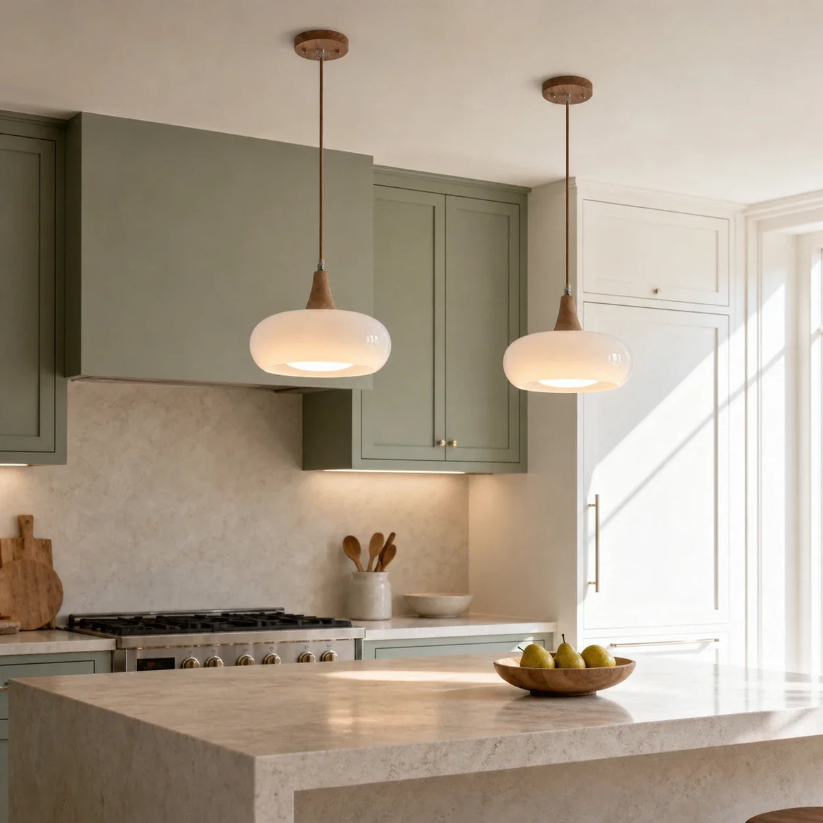 Pair of white Marie dome glass pendants over a sage kitchen island