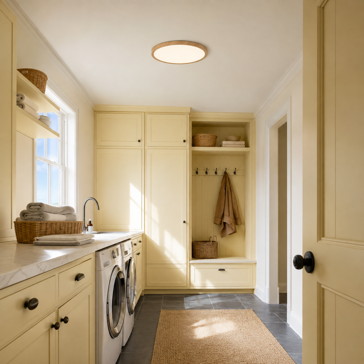 Natural Wood 11.8-inch Solenne ceiling light in a bright lived-in laundry room