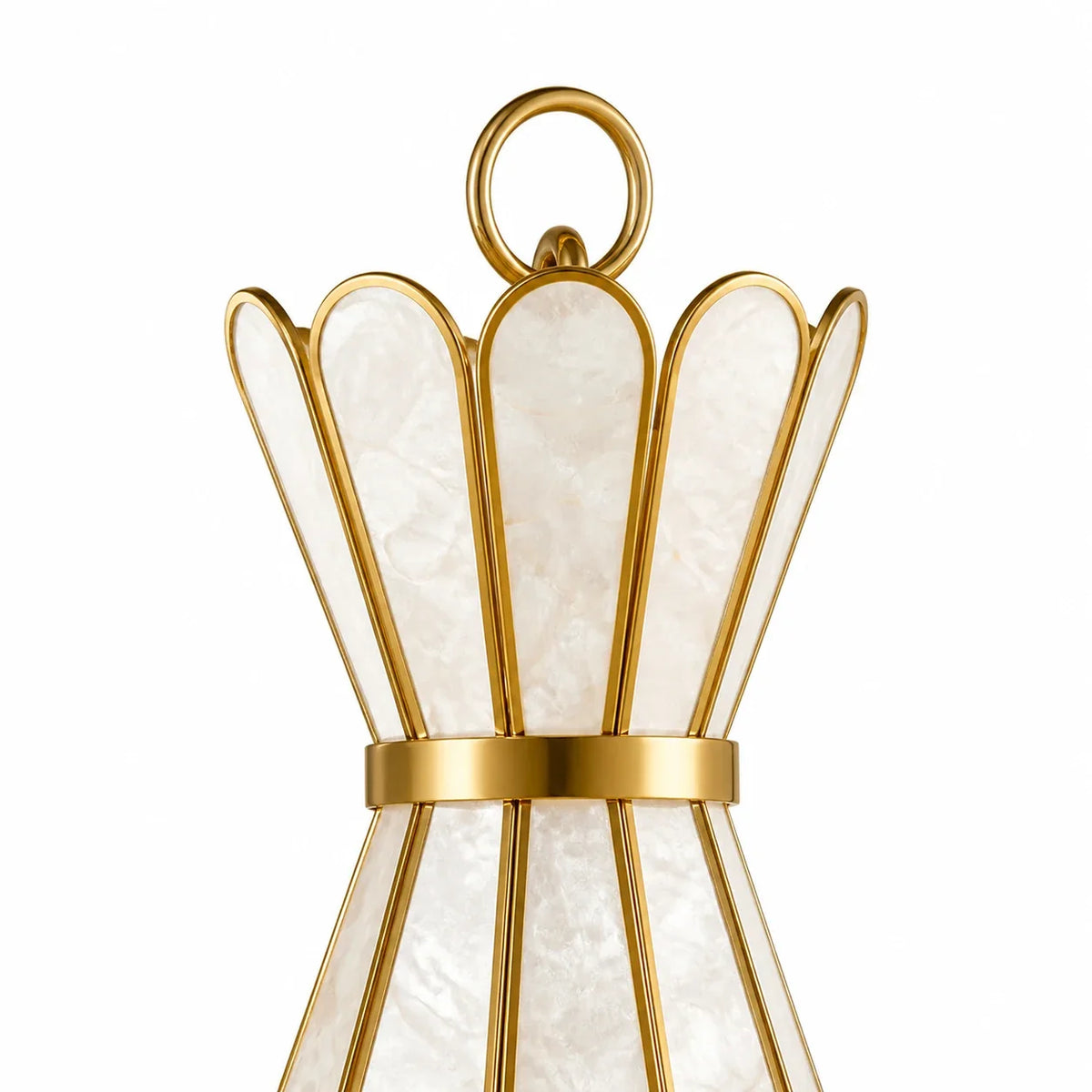 Close view of the Mira pendant petal crown and gold suspension ring