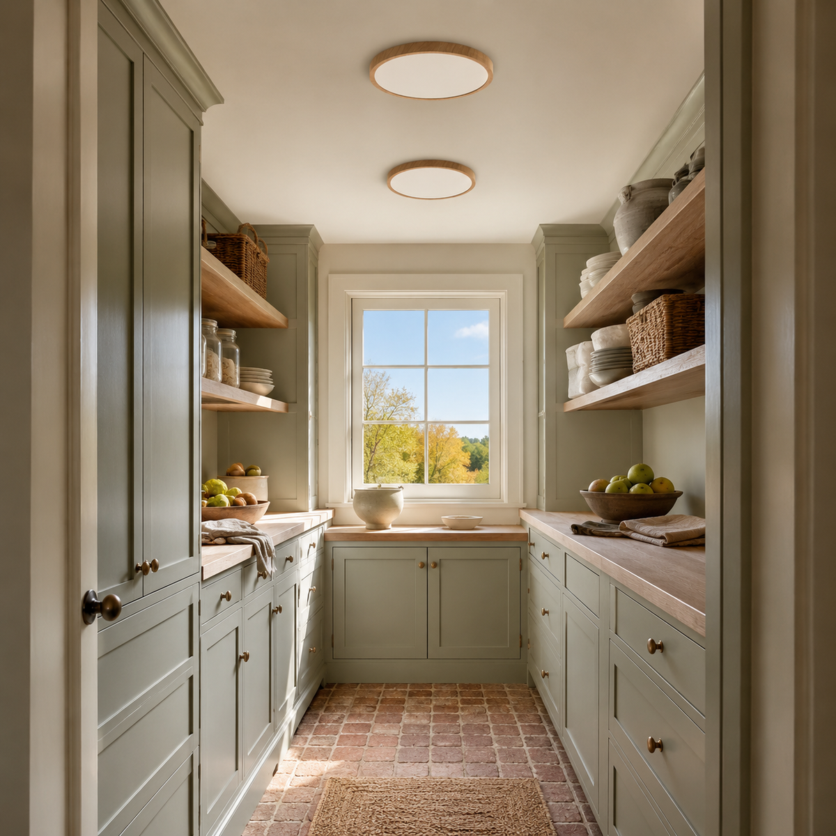 Two Natural Wood 11.8-inch Solenne ceiling lights in a compact pantry passage