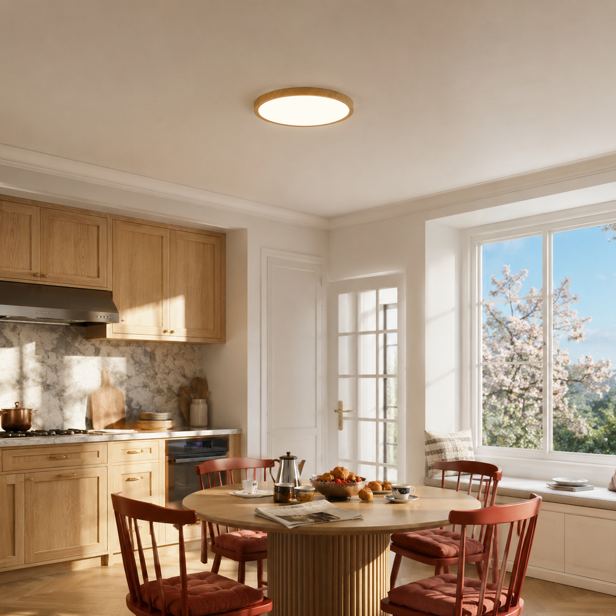 Natural Wood 15.7-inch Solenne ceiling light above a sunlit kitchen breakfast table