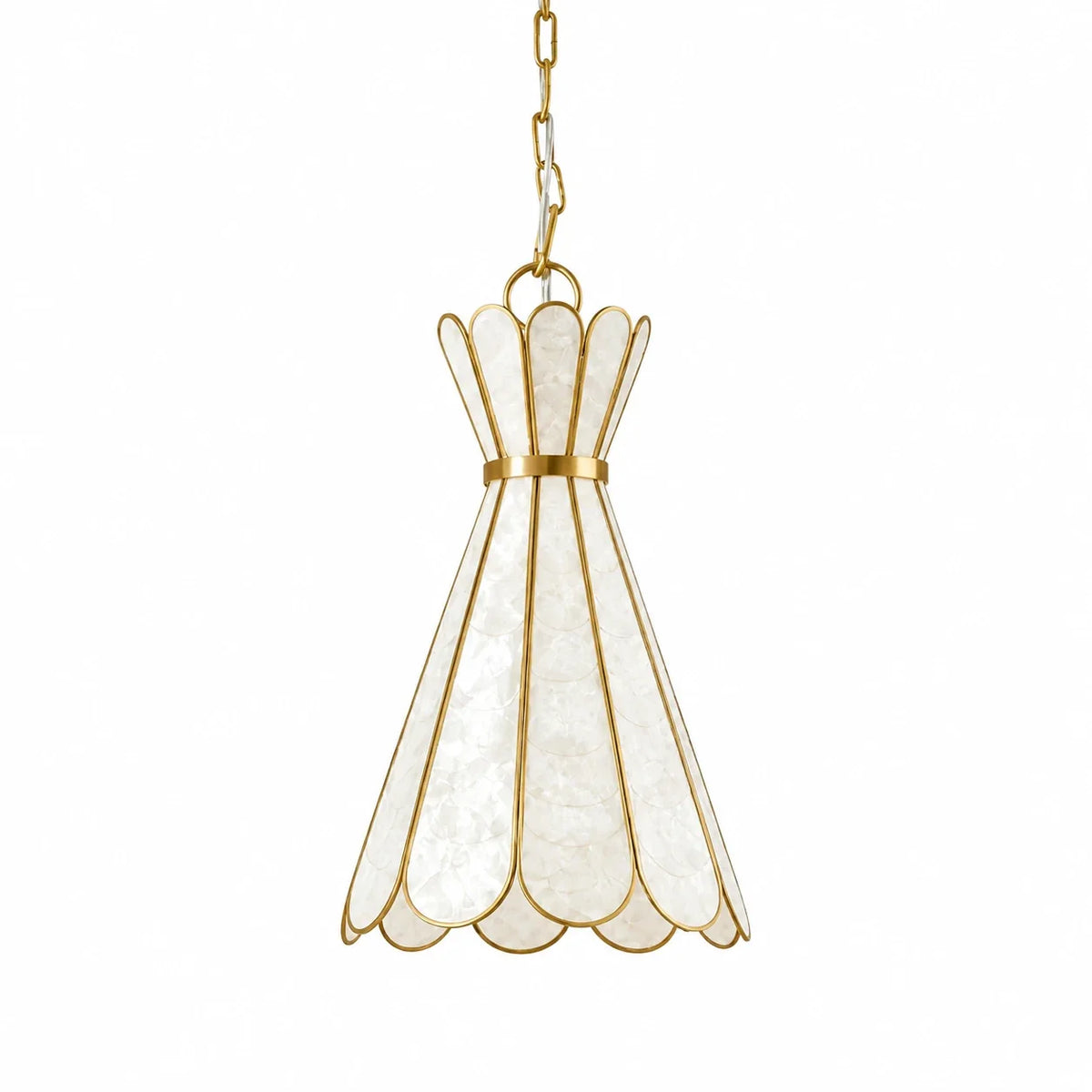 Mira Art Deco Capiz shell pendant light in white and gold on pure white