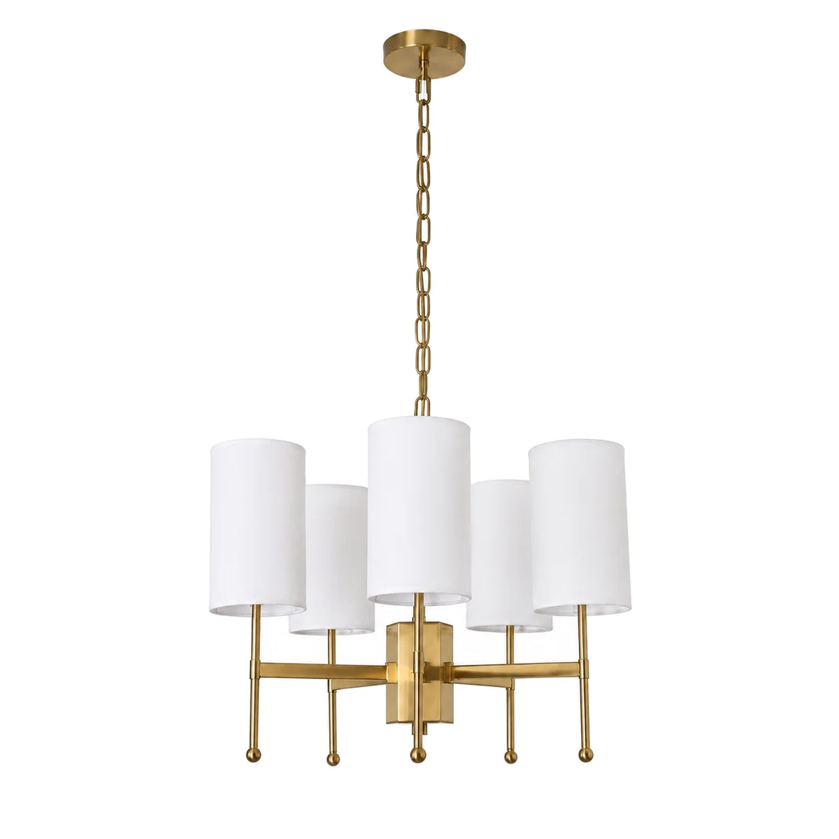 5-light Aster brass chandelier with white fabric shades on a pure white background