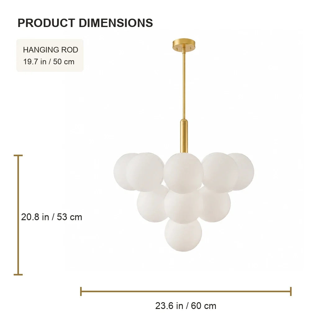 Elara large chandelier dimensions: 23.6 in diameter, 20.8 in high, 19.7 in hanging rod
