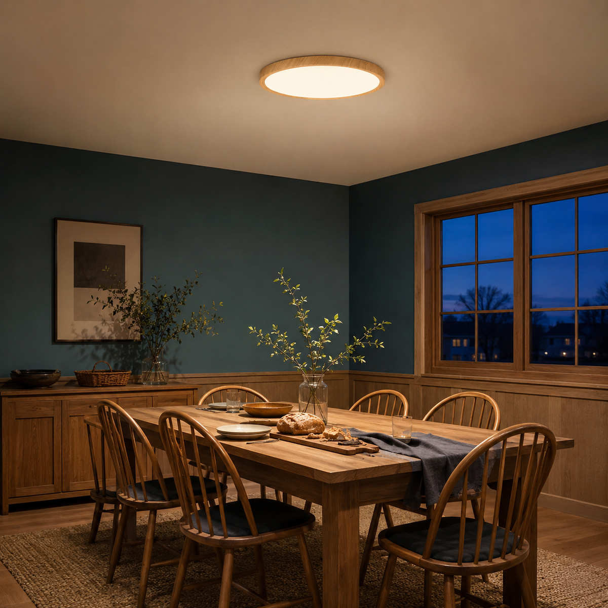 Natural Wood 15.7-inch Solenne ceiling light above a cozy evening dining room