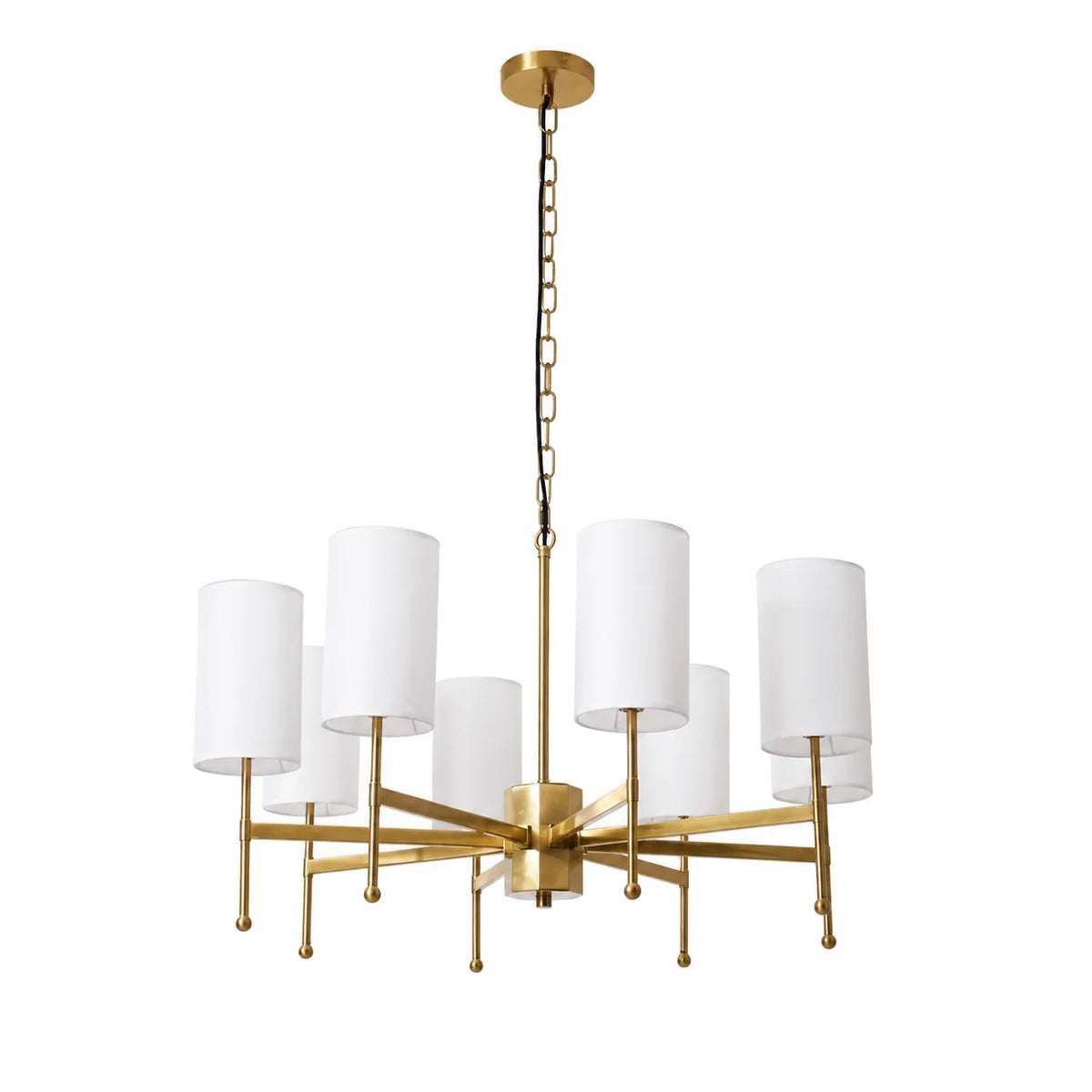 8-light Aster brass chandelier with white fabric shades on a pure white background