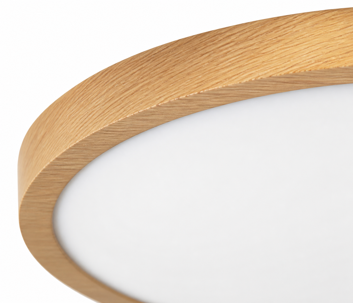 Macro detail of the light natural wood-grain Solenne ceiling light rim