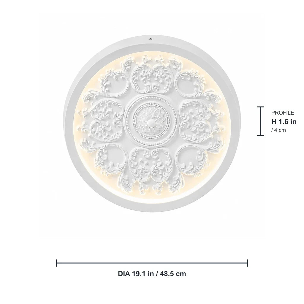 Aveline white medallion ceiling light front dimensions D 19.1 in by H 1.6 in