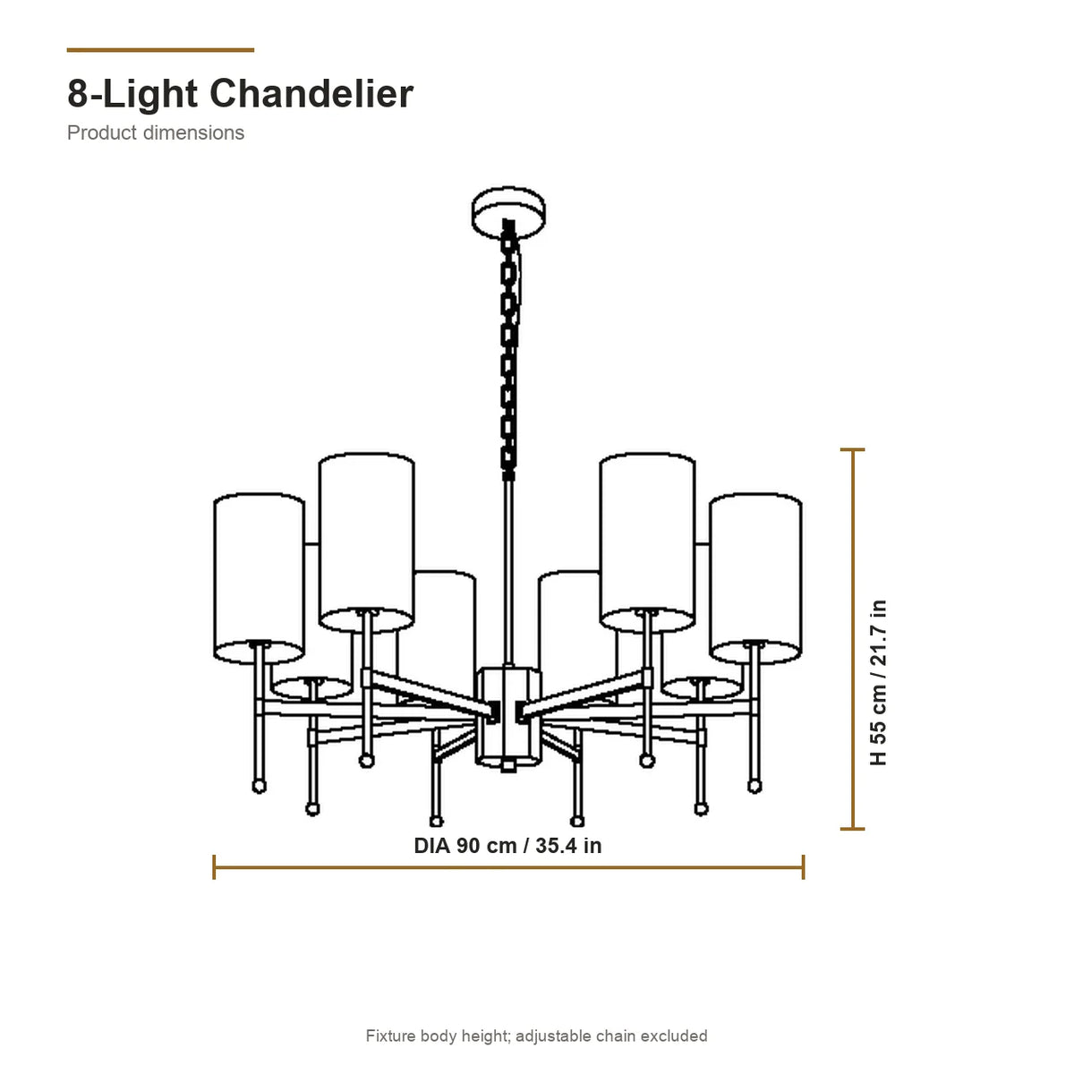 8-light Aster chandelier dimensions: 90 cm or 35.4 inch diameter by 55 cm or 21.7 inch fixture height