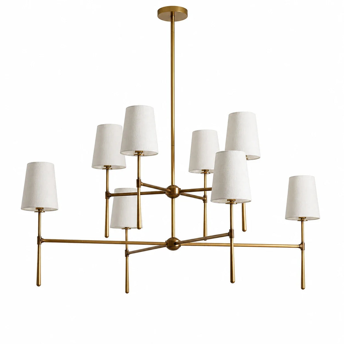 Brass eight-light 4+4 two-tier Thalen chandelier on a white background
