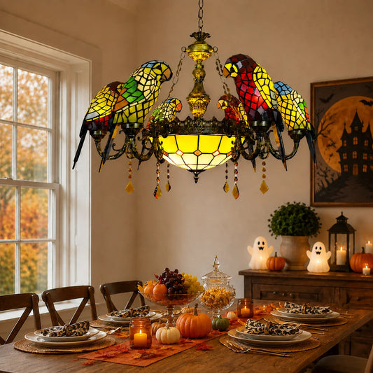 Tiffany Style Vintage Stained Glass 7-Light Parrot Chandelier