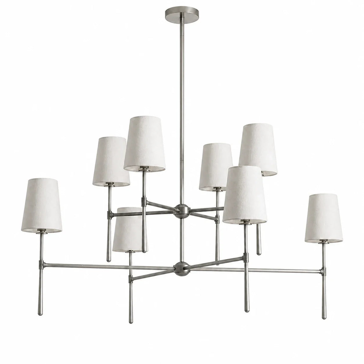 Nickel eight-light 4+4 two-tier Thalen chandelier on a white background