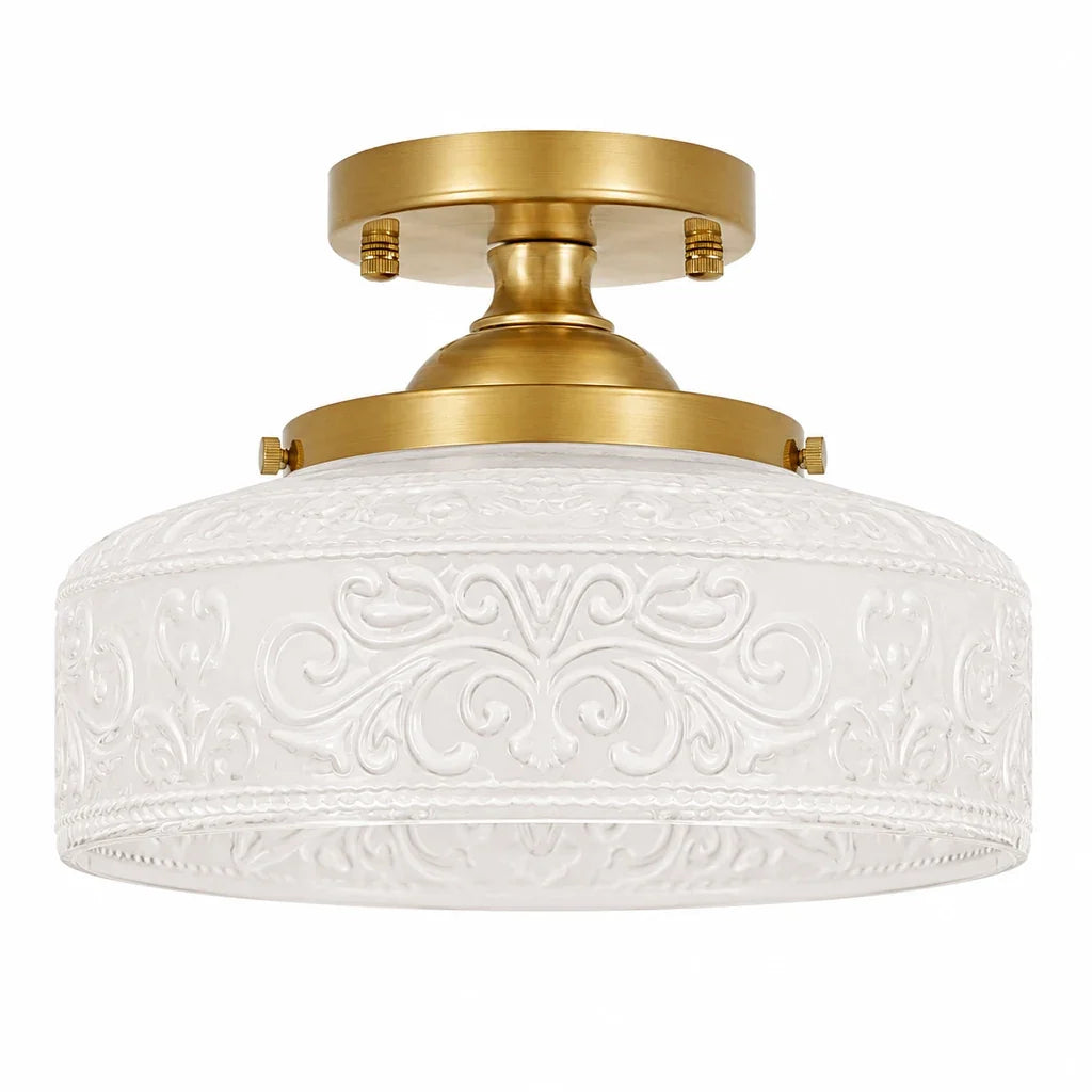 Rosalie gold and milky white embossed glass semi flush ceiling light on white
