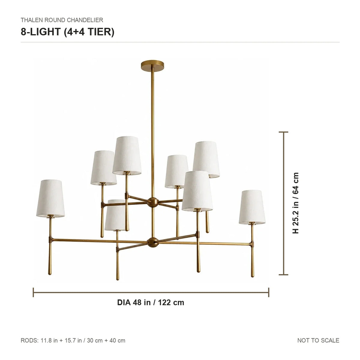 Thalen eight-light chandelier dimensions: 48-inch diameter and 25.2-inch height