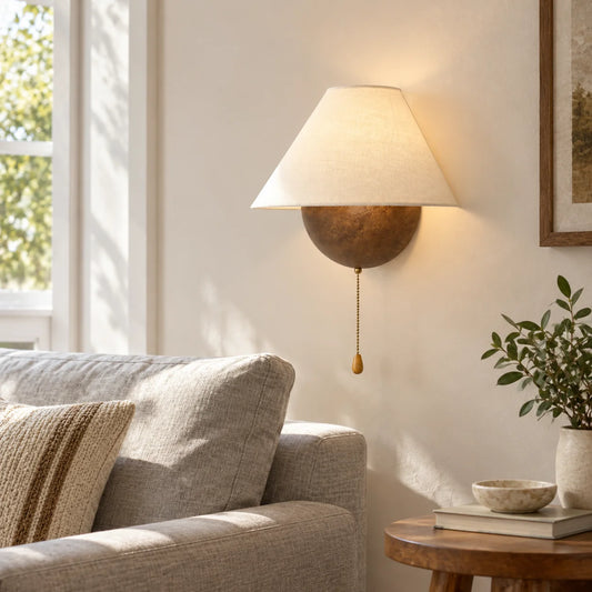 Kynan Vintage Wood Fabric Conical Wall Sconce