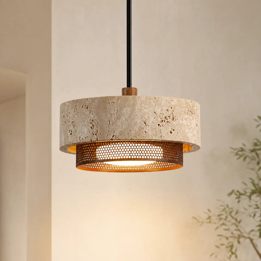 Elvarin Wabi-Sabi Travertine Drum Pendant Light