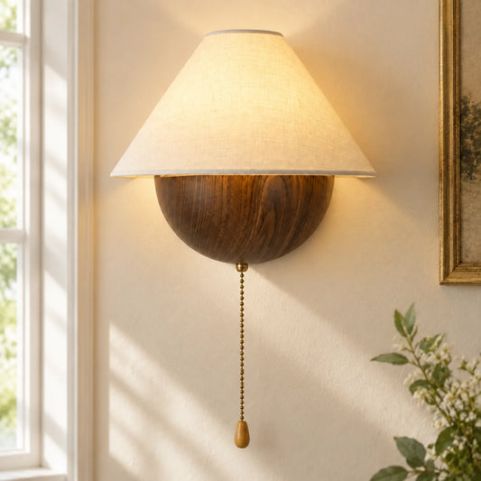 Kynan Vintage Wood Fabric Conical Wall Sconce