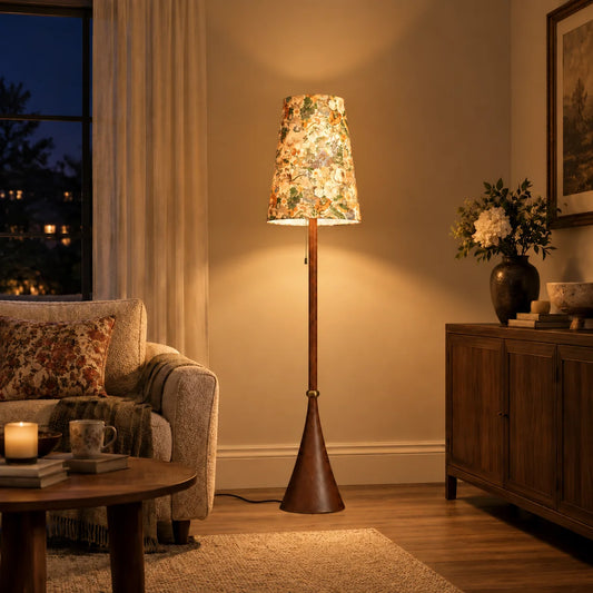 Pwyll Vintage Floral Wood Fabric Conical Floor Light