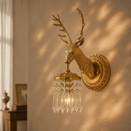Alaric Vintage Brass Stag Crystal Wall Sconce