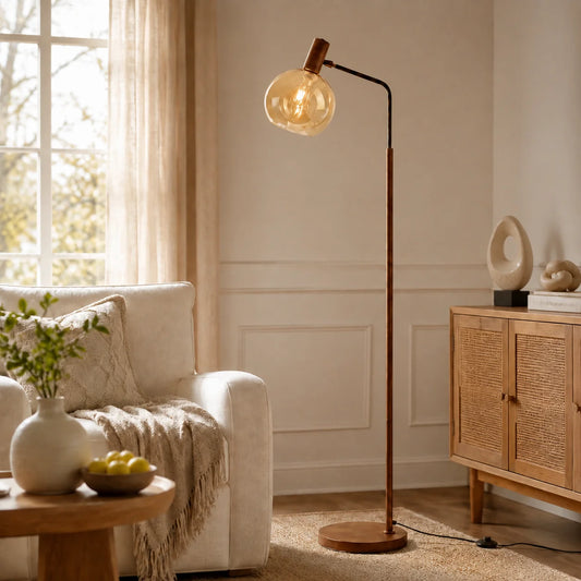 Sylvako Mid‑Century Amber Glass Globe Floor Light
