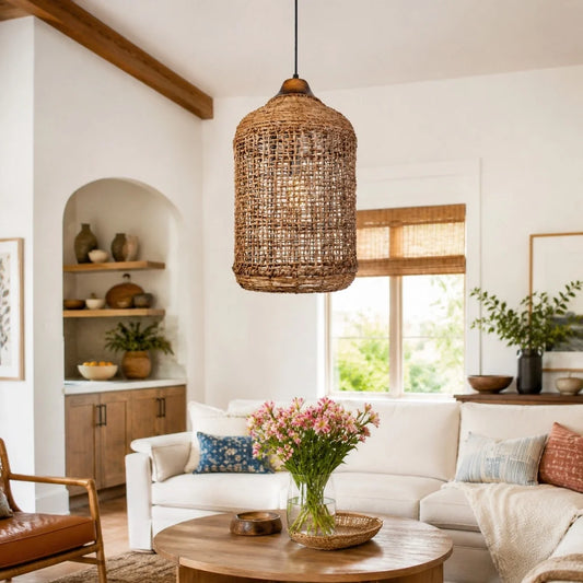 Britta Farmhouse Rattan Cage Pendant Light