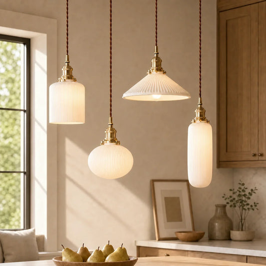 Colette Vintage  Brass Pleated Ceramic Pendant Light