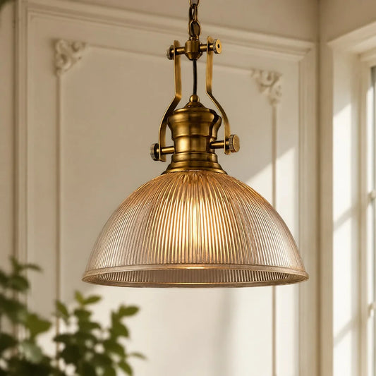 Hugia Farmhouse Industrial Striped Glass Bowl-Shaped Pendant Light