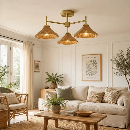 Tessa Coastal Rattan 3-Light Semi Flush Mount Ceiling Light