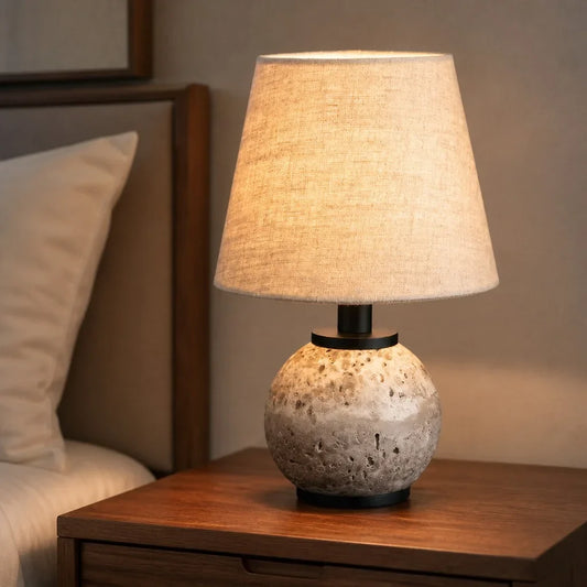 Genevieve Wabi-Sabi Travertine Round Fabric Table Light