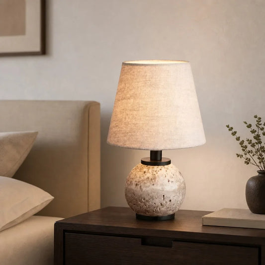 Genevieve Wabi-Sabi Travertine Round Fabric Table Light