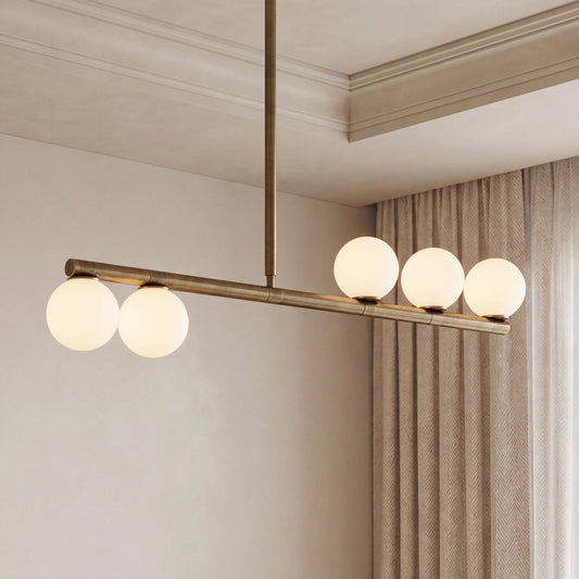 Modern Brass Opal Glass Globe Linear Chandelier
