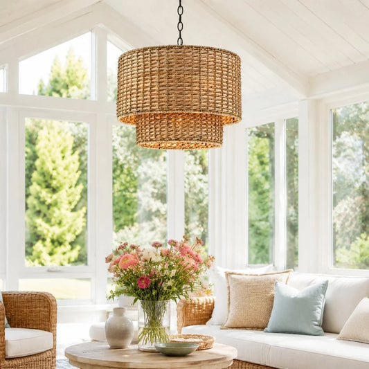 Mihai Farmhouse Double Drum Rattan Pendant Light